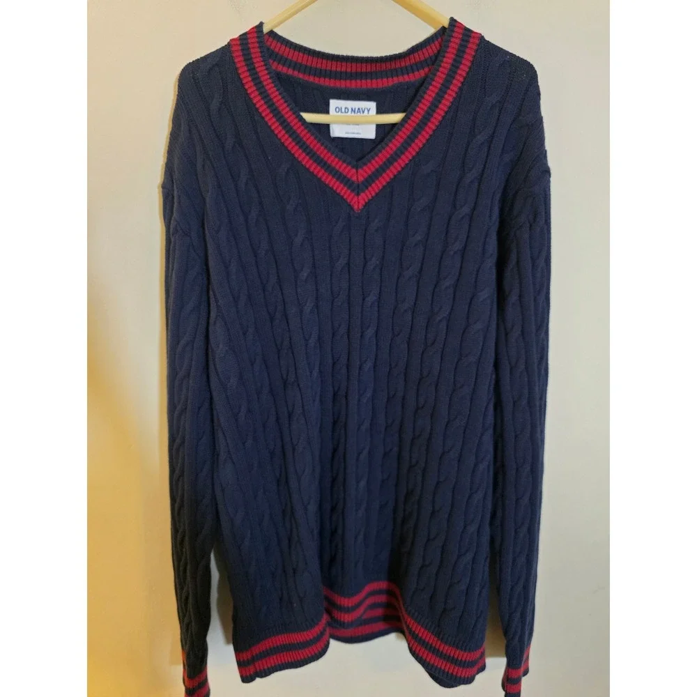 Old Navy Mens XL Tall Navy Blue Cable Knit V-Neck Sweater Red Trim Cotton Preppy